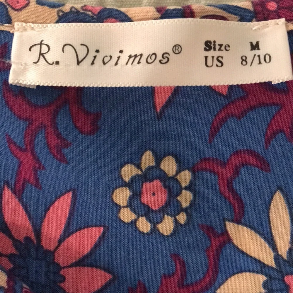 New R. Vivimos Spring Bohemian Patchwork Print Midi Dress Blue Cream Pink … - Picture 4 of 14